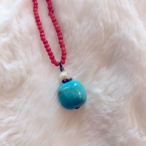 Turquoise and coral necklace. 15.5 long when open.